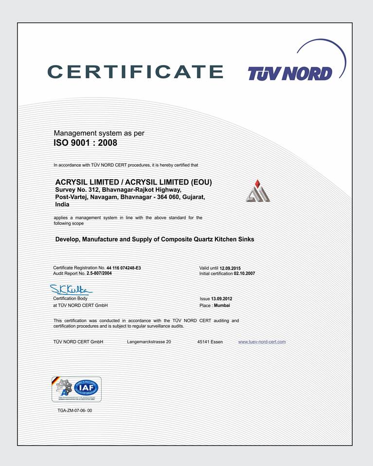 chứng nhận quy trình sản xuất ISO 9001 : 2008 Acrysil
