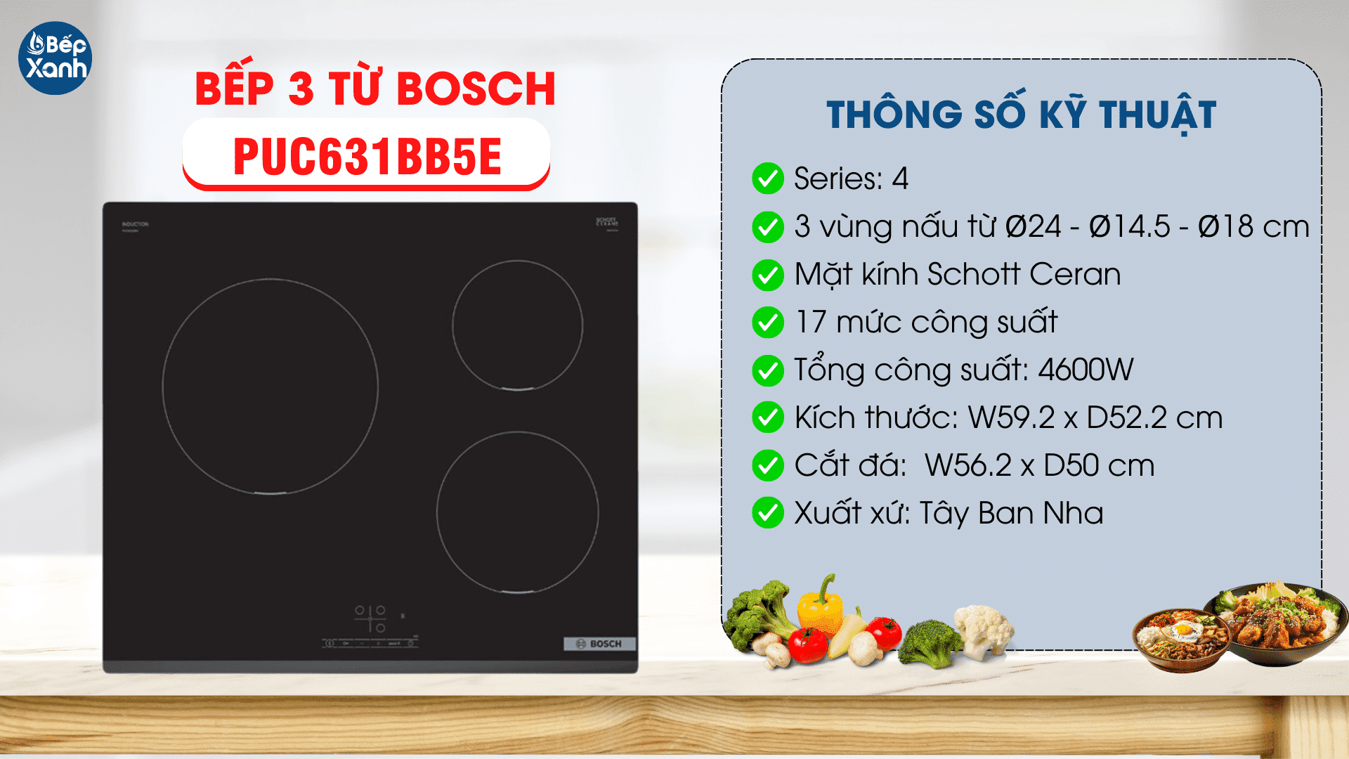 các thông số kỹ thuật của bếp từ Bosch PUC631BB5E
