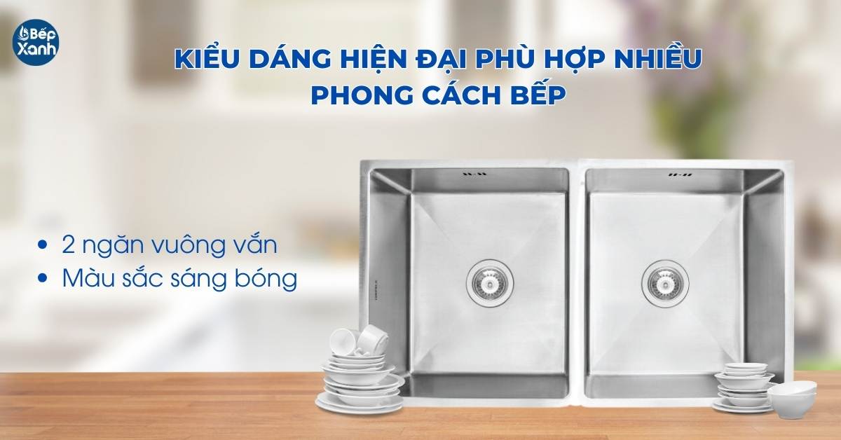 Chậu thiết kế 2 ngăn, viền vuông phù hợp cho nhiều không gian