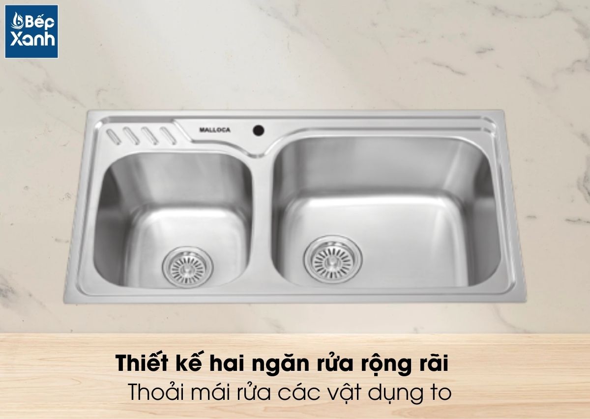 Thiết kế hai ngăn rửa rộng rãi cho người sử dụng.