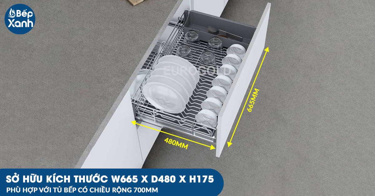 Kích thước của giá úp xoong nồi bát đĩa EPV6070 phù hợp với tủ bếp có chiều rộng 700mm