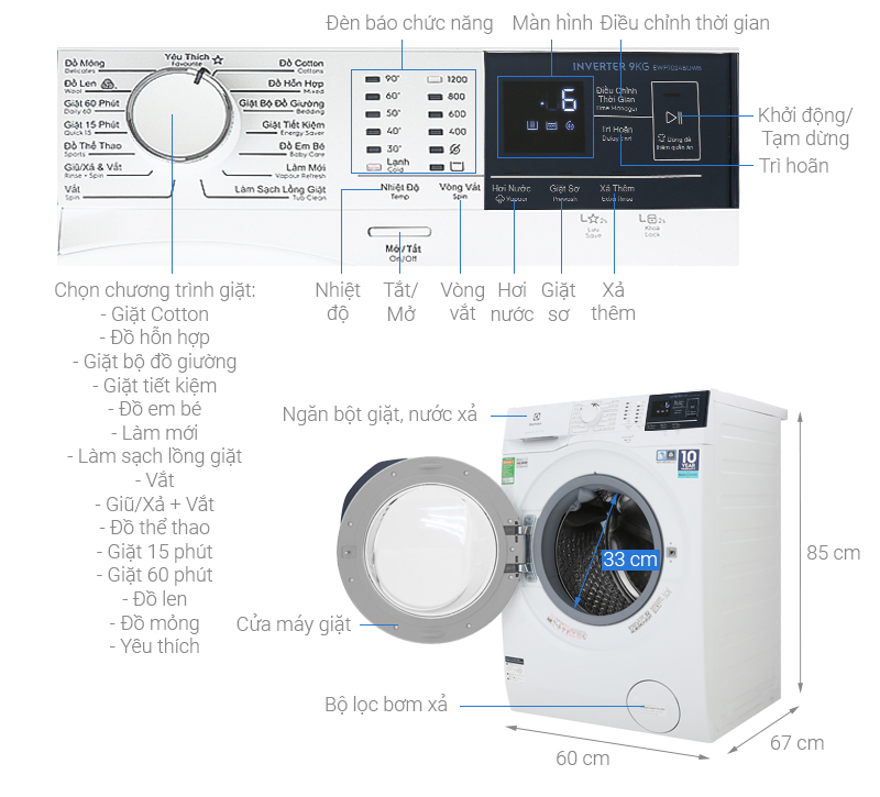 Thông số kỹ thuật Máy giặt Electrolux Inverter 9 kg EWF9024BDWB