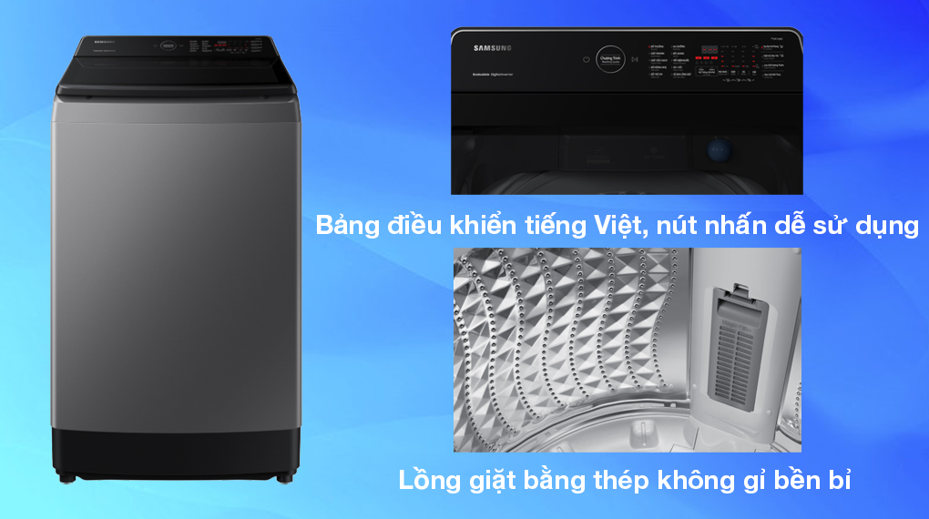 Máy giặt Samsung Inverter 10.5 kg WA10CG5745BDSV - Kiểu lồng giặt đứng, trang bị bảng điều khiển ngôn ngữ tiếng Việt bằng nút nhấn và lồng giặt bằng thép không gỉ bền bỉ