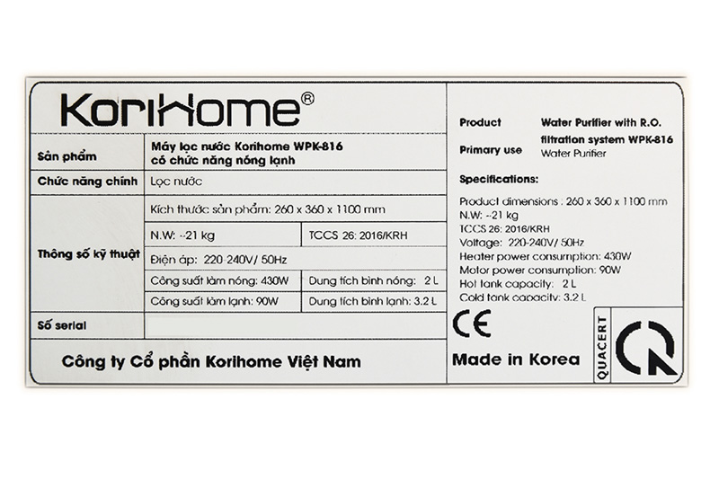 Máy nước nóng lạnh Korihome WPK-816 5 lõi-2