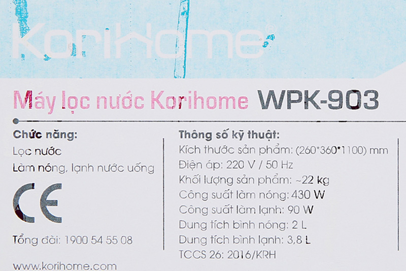 Công suất lọc, dung tích - Máy lọc nước nóng lạnh RO Korihome WPK-903