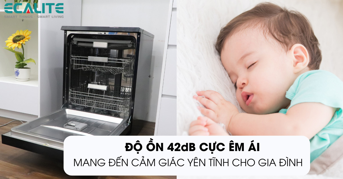 Độ ồn chỉ 42dB của máy rửa chén Ecalite EDW-SMS6014AB