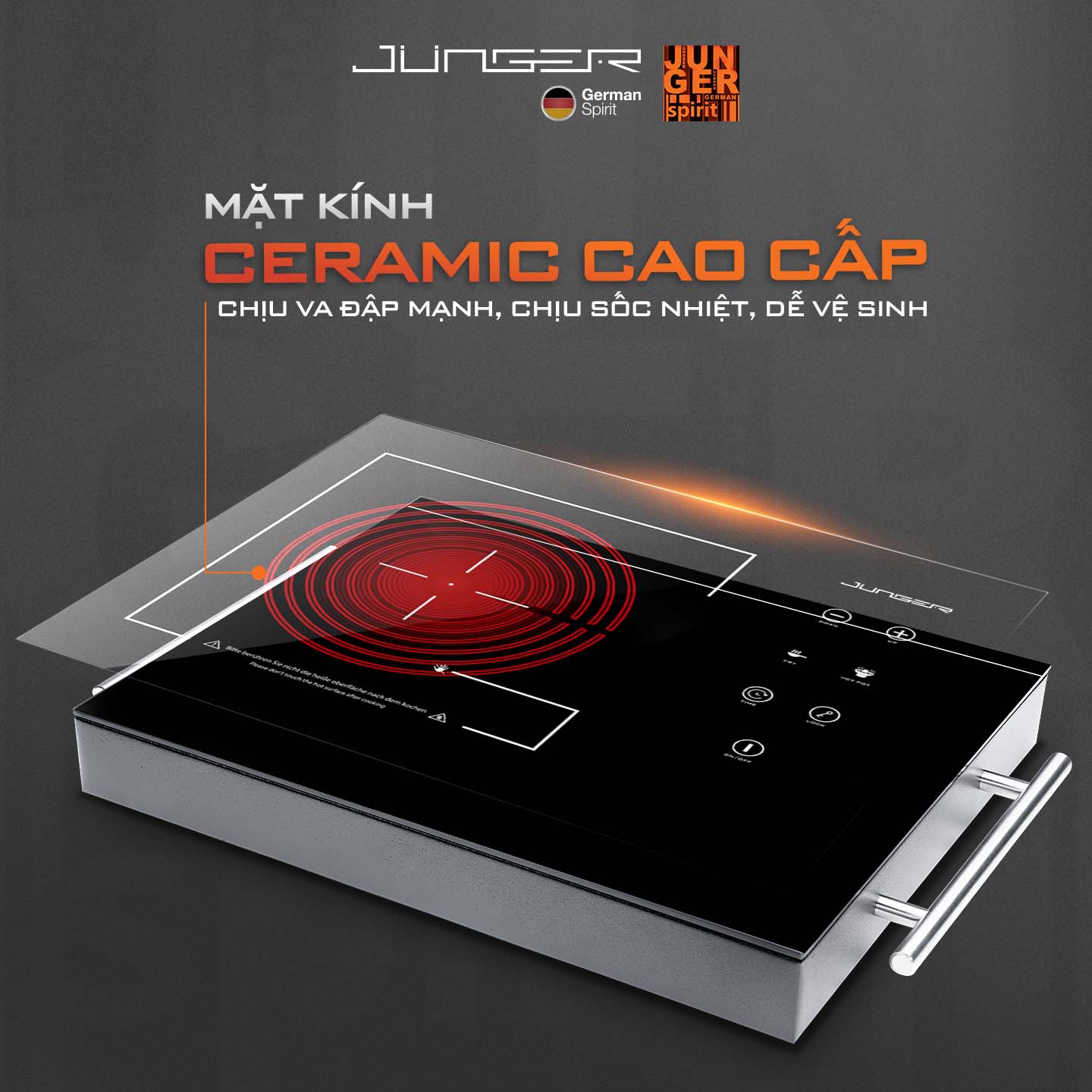 Bếp hồng ngoại đơn Junger MT-21 sở hữu mặt kính Ceramic cao cấp, sang trọng, bền bỉ.