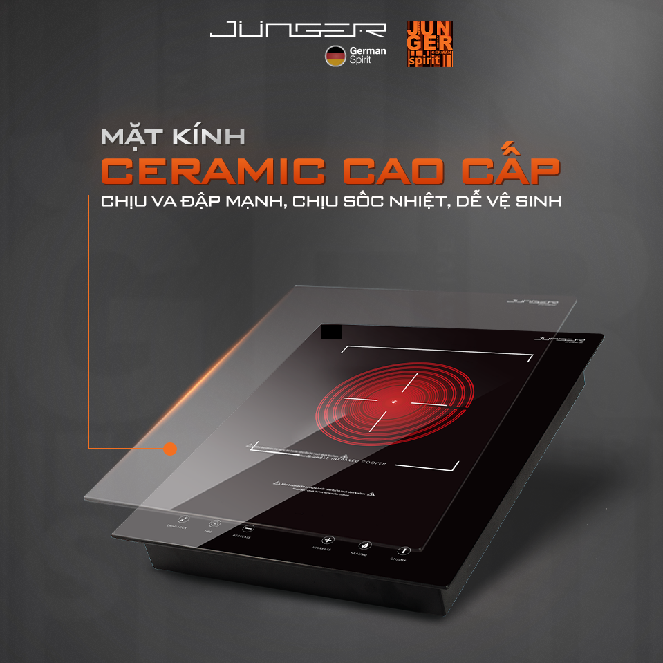 Bếp hồng ngoại đơn Junger MT-92 sở hữu mặt kính Ceramic cao cấp, sang trọng, bền bỉ.