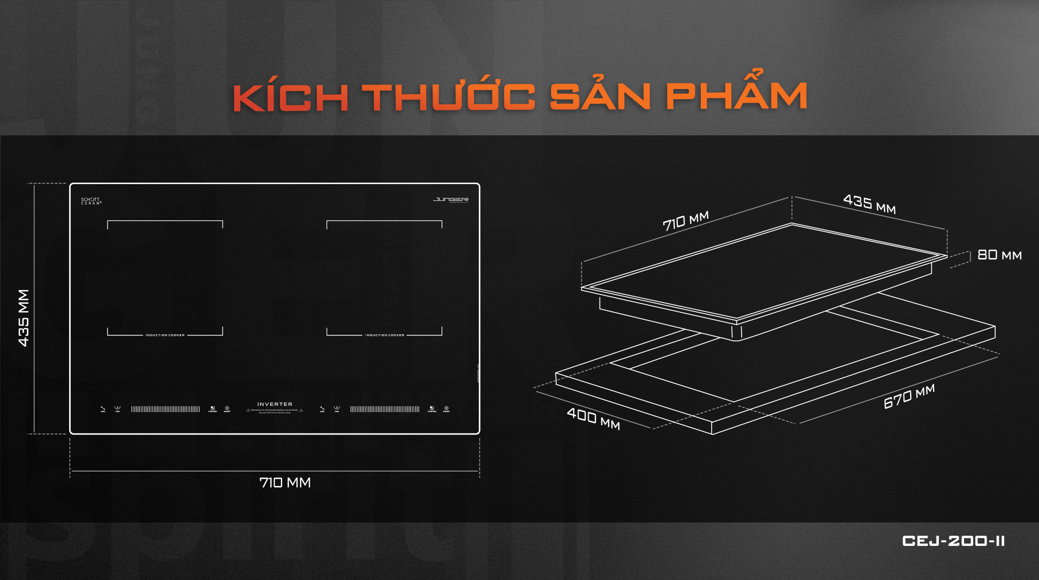 Bếp từ đôi Junger CEJ-200-II sở hữu kích thước tinh gọn, có thể lắp âm hoặc lắp dương linh hoạt.