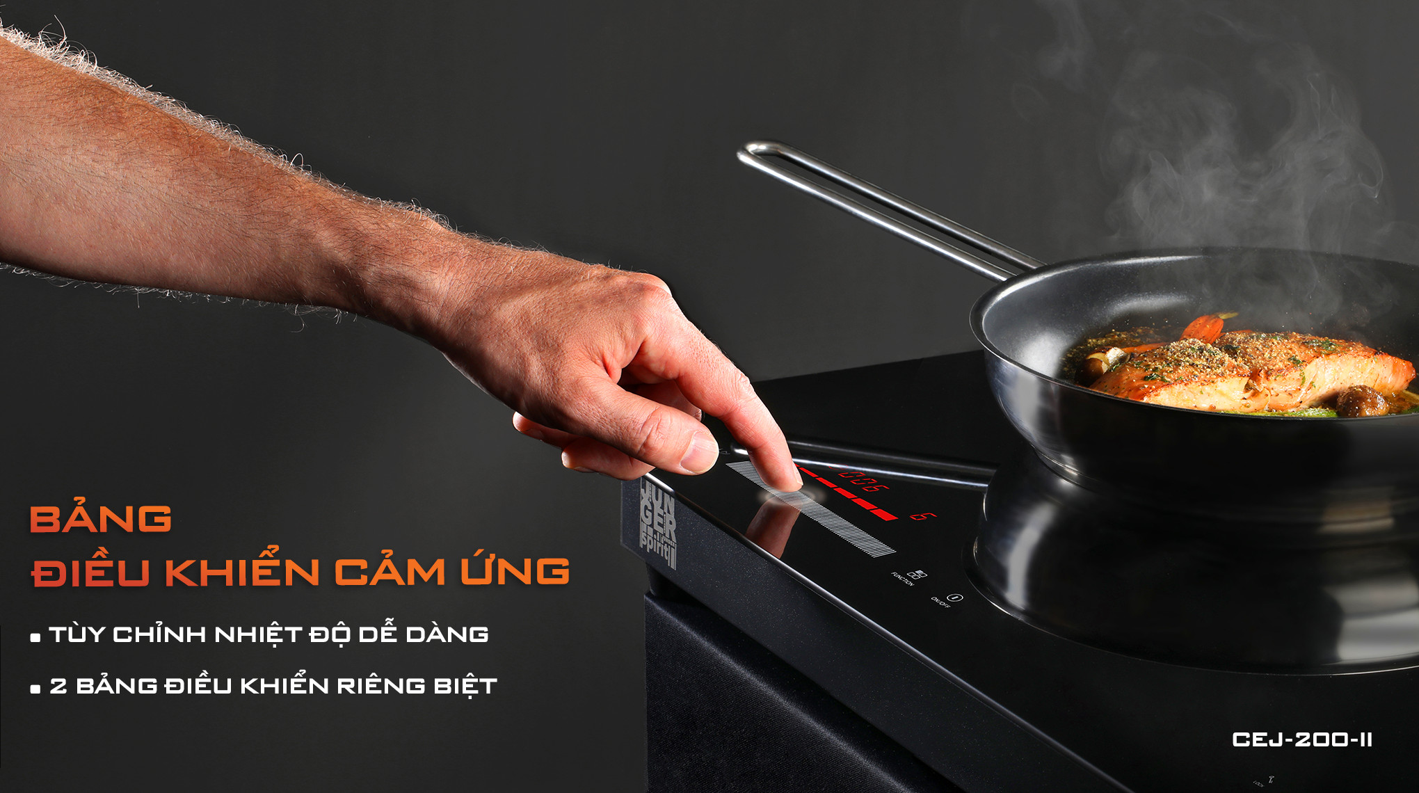 CEJ-200-II được trang bị 2 bảng điều khiển cảm ứng Slider - Direct Control siêu nhạy riêng biệt cho từng vùng nấu, kết hợp đèn LED hiển thị rõ ràng, dễ sử dụng.
