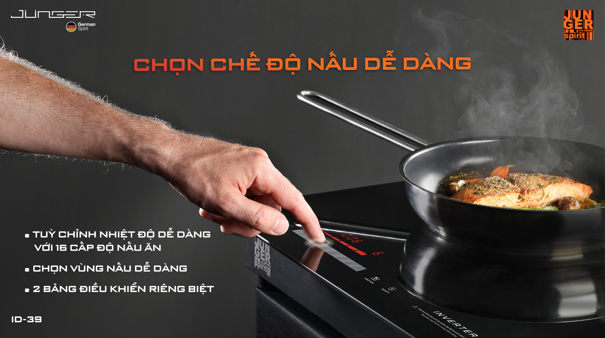 ID-39 được trang bị 2 bảng điều khiển cảm ứng Slider - Direct Control siêu nhạy riêng biệt cho từng vùng nấu, kết hợp đèn LED hiển thị rõ ràng, dễ sử dụng.