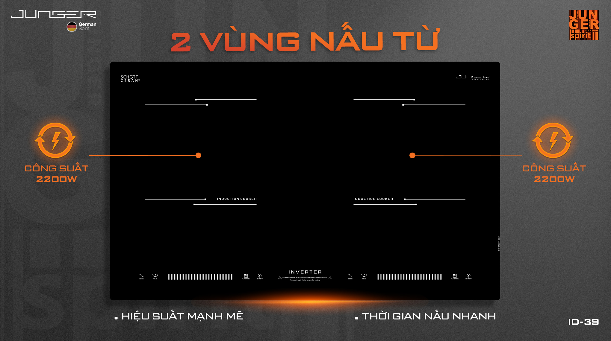 ID-39 giúp kiểm soát nhiệt tối ưu với 8 mức công suất linh hoạt, tối đa lên đến 2200W, cùng 8 mức cài đặt nhiệt độ nấu từ 60°C – 240°C.