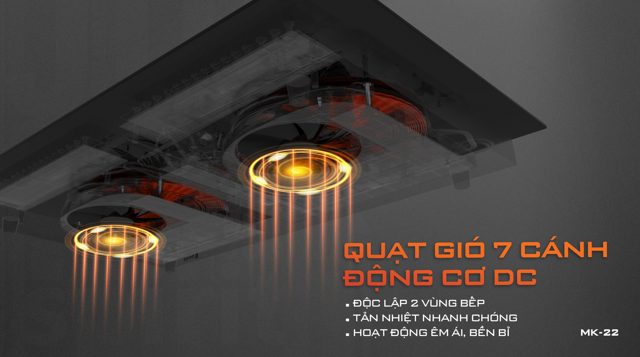 Hệ thống 2 quạt gió độc lập cho từng vùng nấu, thiết kế 7 cánh với động cơ DC vận hành siêu êm, bền bỉ và tiết kiệm điện năng.