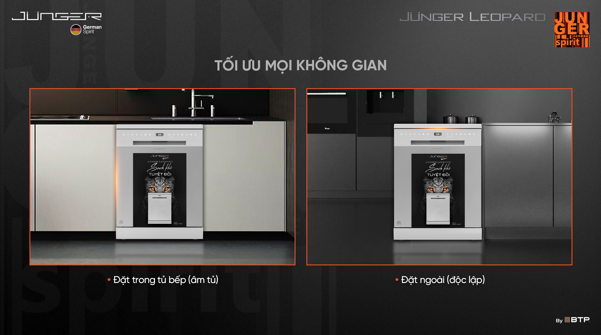 Máy rửa bát Junger Leopard DWJ-140 sở hữu thiết kế sang trọng, có thể lắp âm hoặc độc lập, chân đế có thể nâng hạ tuỳ chỉnh
